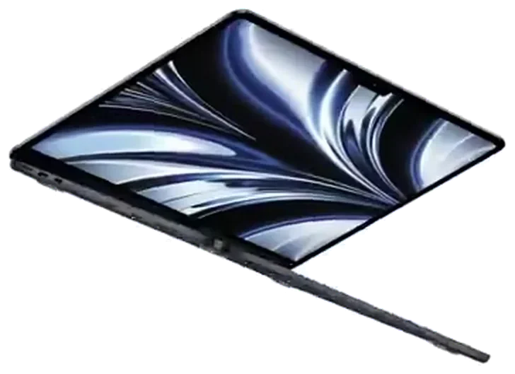 A MacBook held at an angle, lid half open